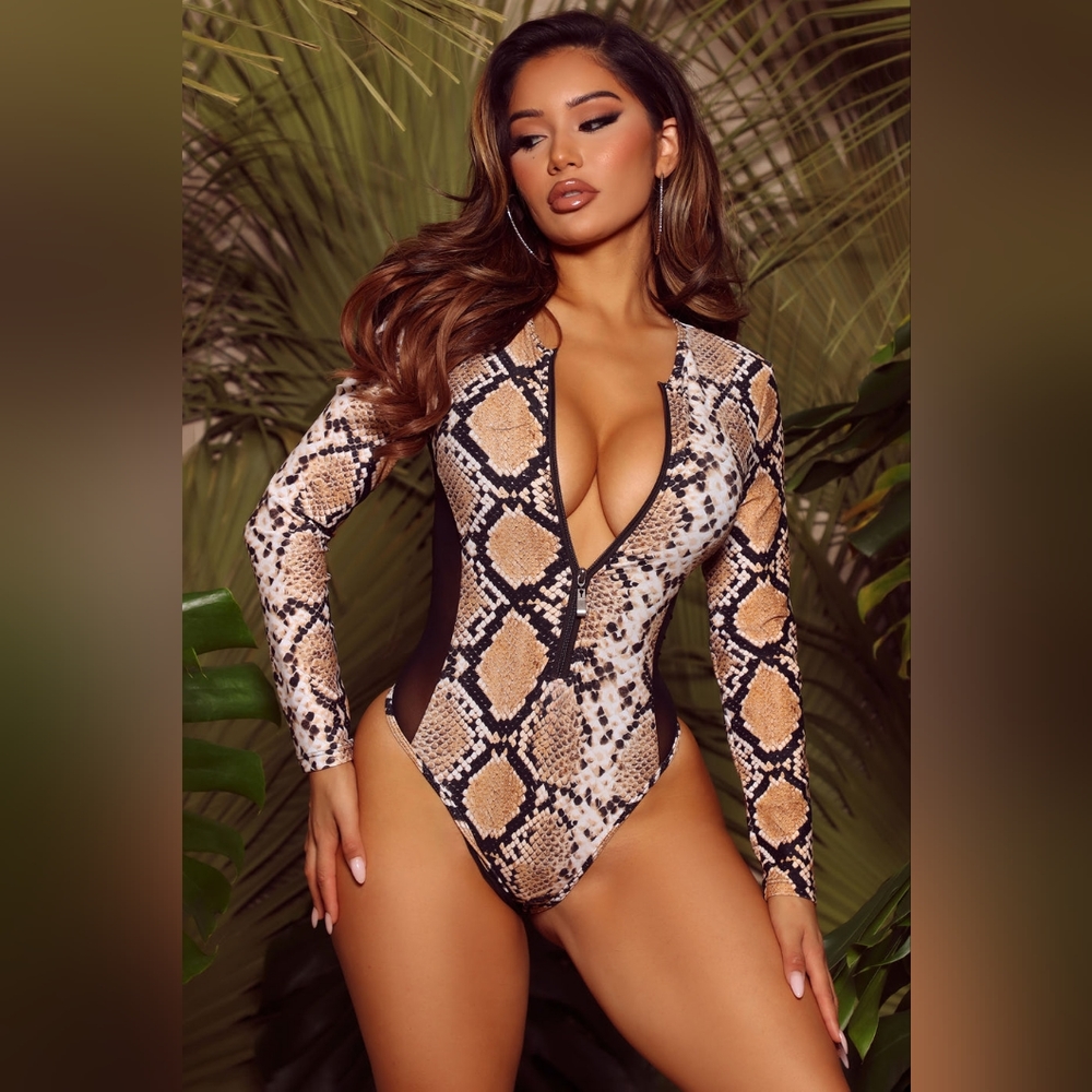 Miami Art Long Sleeve One Piece Swimsuit - Brown Combo - Size XL